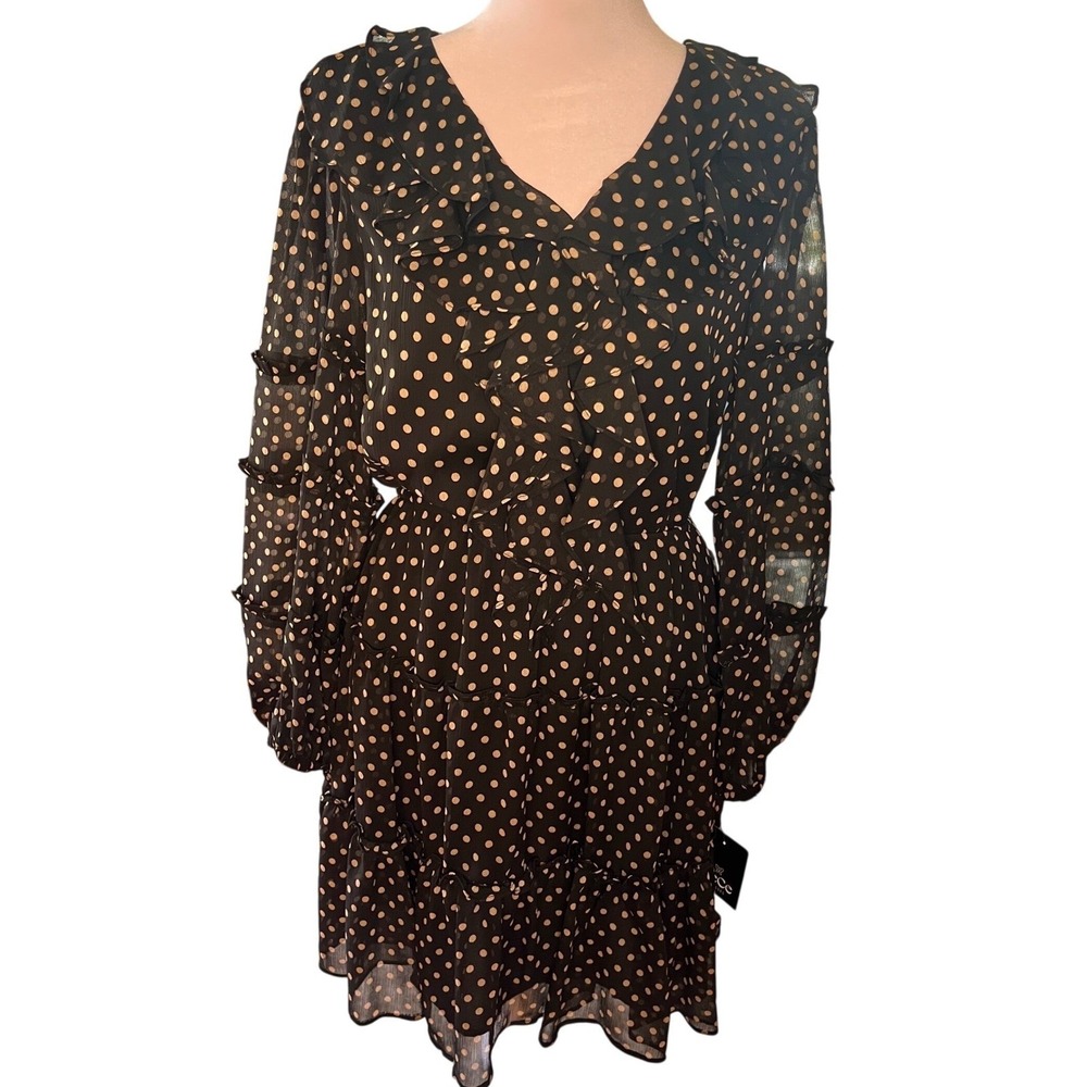 CeCe Black Tan Polka Dot Ruffle Mini Dress Long Sleeve V-Neck Size S NEW